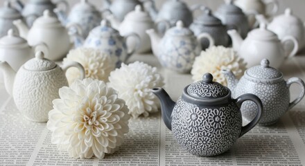 A collection of decorative teapots and floral elements arranged on a surface