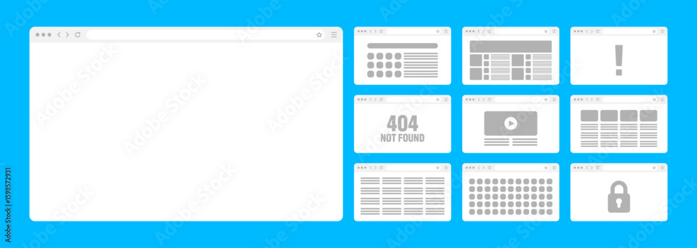 Fototapete Web browser window, pages layout with toolbar and search field. Modern website, internet page in flat style. Browser mockup for computer, tablet and smartphone. Adaptive UI. Vector illustration