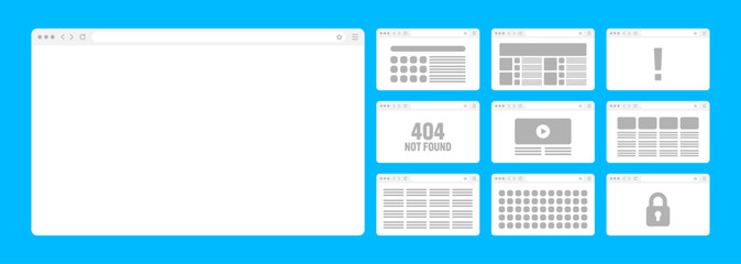 Web browser window, pages layout with toolbar and search field. Modern website, internet page in flat style. Browser mockup for computer, tablet and smartphone. Adaptive UI. Vector illustration
