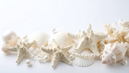Obraz premium White Seashells with Pearls, and Starfish.