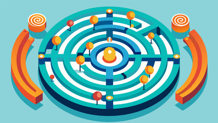 A map of a labyrinth with each pathway representing a different emotional experience leading to a central point of understanding.. Vector illustration