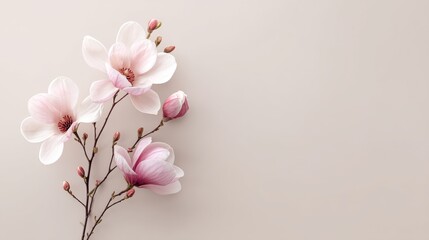 Fototapeta premium In bloom, the gentle pink magnolia blossoms exhibit delicate soft petals and are illuminated by warm light, resulting in an elegant and serene floral atmosphere