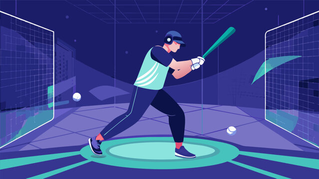 A baseball coach in a digital batting cage using motion capture technology to analyze and improve swing techniques for virtual clinic attendees.. Vector illustration