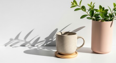 A ceramic mug sits on a wooden coaster next to a vase of green leaves, casting shadows on a white surface