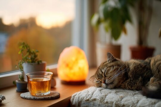 Cozy indoor setting with a sleeping cat by the window during sunset
