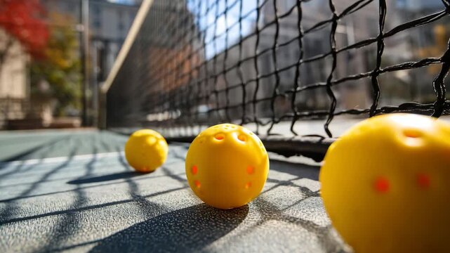 Vibrant yellow pickleball balls rest on the court surface, showcasing intricate details of the netting against a blurred background of a sunny day. A perfect setting for lively matches.
