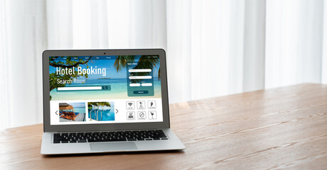 Online hotel accommodation booking website provide modish reservation system . Travel technology concept .