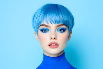 Blue bowl cut hairstyle, Intense eyeshadow makeup, Clean futuristic portrait, Studio lighting with copy space

