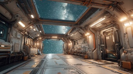 Fototapeta premium A spacious corridor inside a high-tech spaceship showcases metallic surfaces and glowing lights. Through large windows, the vast galaxy with stars and cosmic dust is visible, reflecting exploration.
