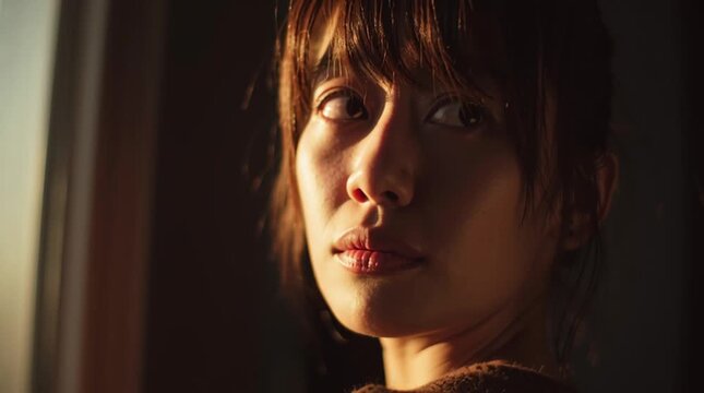 A portrait of a woman with bangs looking out of a window with sunlight on her face and brown hair