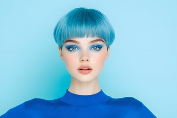 Pastel blue bob portrait, Soft beauty headshot, Contemporary editorial style

