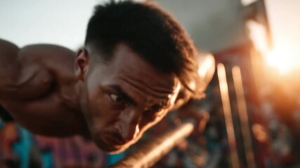 A dedicated athlete performs an intense workout on outdoor bars, focusing on his form as the sun sets behind him, casting beautiful light across the vibrant urban backdrop.