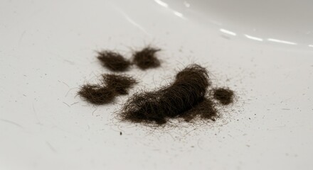 Clump of spilled animal fur and hair on white surface, messy pet grooming aftermath, close-up, furry debris, domestic pet shed, fur removal mess, pet grooming cleanup