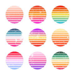 Grunge vintage colorful sunset. Striped gradient sunrise badges in 80s and 90s style. Sun and ocean view, summer vibes, surfing. Design element for print, logo or t-shirt. Vector illustration