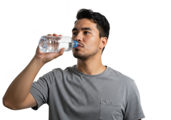 Man drinking water from a bottle isolated on transparent background