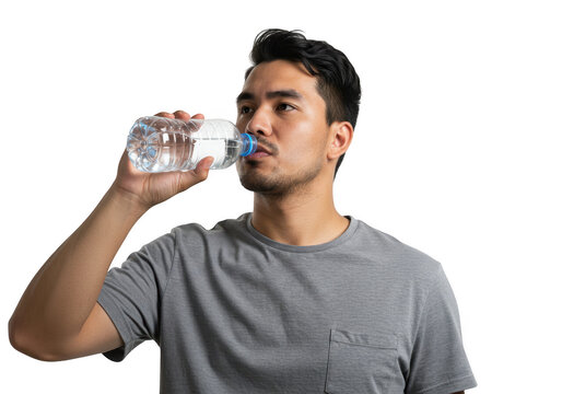 Man drinking water from a bottle isolated on transparent background