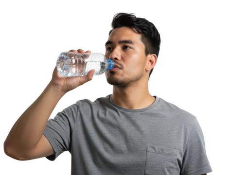 Man drinking water from a bottle isolated on transparent background