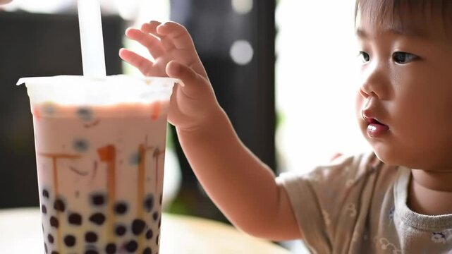 Child and milk tea beverage in a transparent plastic container