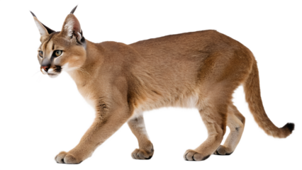 A majestic caracal cat gracefully walks across a plain transparent background, showcasing its elegant form.