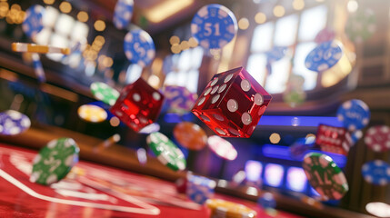Colorful dice and casino chips float above a vibrant gaming table in a lively casino environment. The scene captures the excitement of gambling.