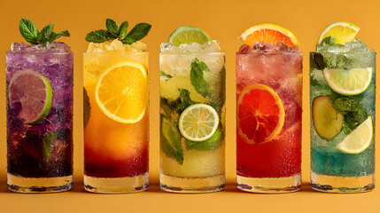 Set of colorful cocktails including Cuba Libre, Mojito, Tequila Sunrise, and more in transparent PNG format. Highball glasses with garnish. Ideal for bar menu, drink mockups, and designs.