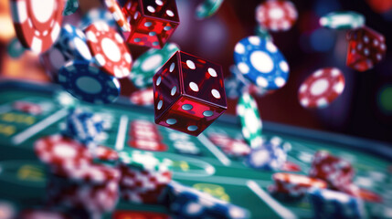 Colorful casino chips and dice falling on a green gaming table. The scene captures the excitement of gambling and chance in a vibrant casino environment.
