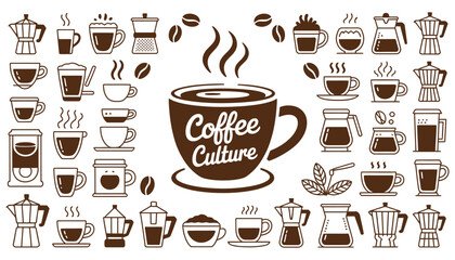 Fototapeta premium Set of hot coffee and tea cup icons: a seamless vector illustration of cafe beverage symbols