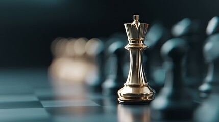 A checkered board sets the stage for a chess game of unwavering focus, where golden pieces glimmer under dramatic lighting, contrasting with a dark background that suggests a clash of strategic minds
