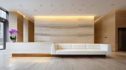 Modern minimalist lobby with reception desk and sofa.