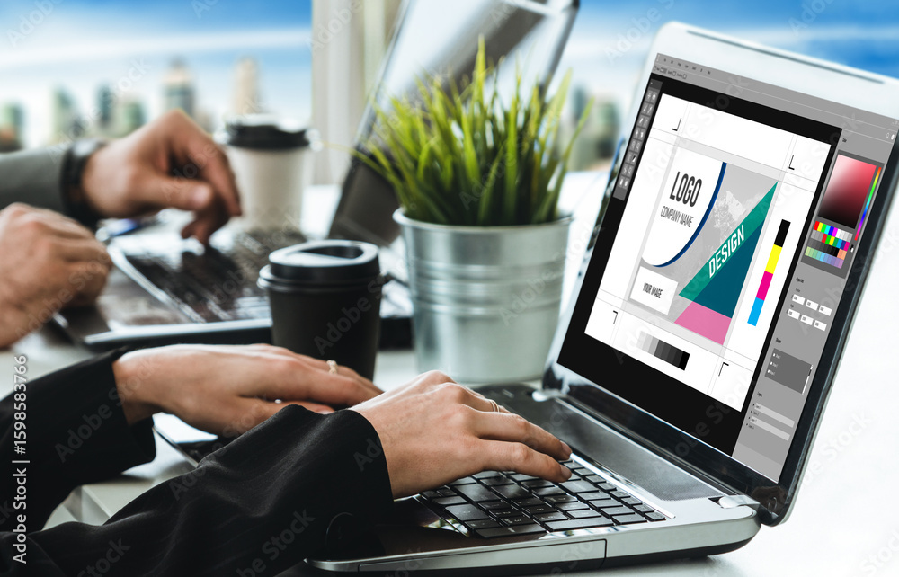 Fototapete graphic designer software for modern design of web page and commercial ads showing on the computer s