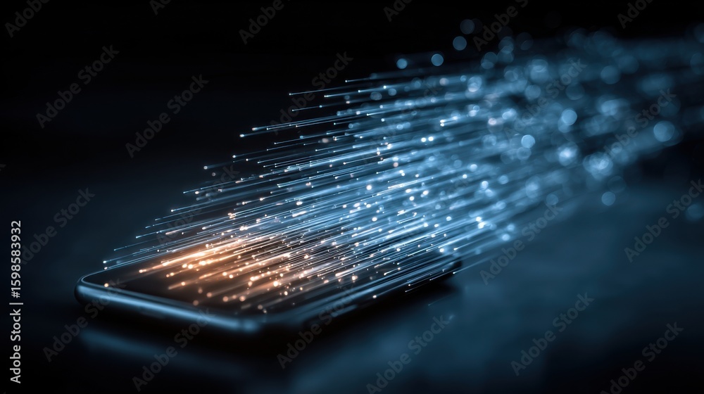 Poster glowing data streams burst forth from a smartphone, creating an energetic display in a dark setting.