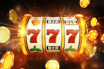 A close-up of a slot machine with three spinning reels showing the number seven. Surrounding gold coins create a vibrant casino atmosphere.