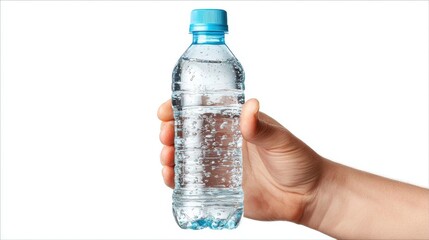 Naklejka premium A person grips a transparent bottle filled with sparkling water, showcasing tiny bubbles, bright sunlight streams in, enhancing the refreshing nature of the drink.
