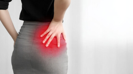 A woman in a skirt is experiencing back pain, holding her lower left side of the waist. The area where she has pain is in focus, with a red color highlighting it. 
