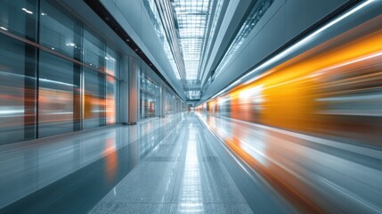 Interior of a modern train station showcases sleek architecture and bright light streaming through glass. A train rushes by, creating a vibrant motion blur effect as passengers wait on platforms.