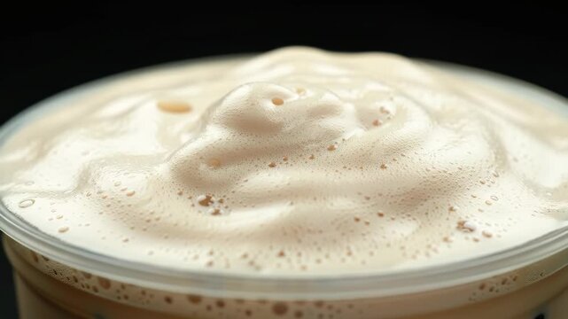 Pouring iced coffee drink with frothy foam in plastic cup close up.