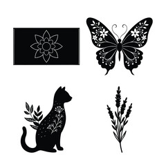 Vector art of a compilation of four black and white silhouette designs including a
