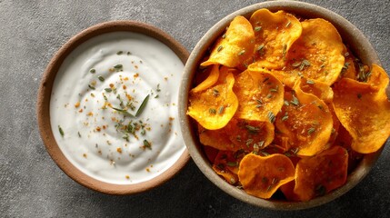Sweet potato chips served with yogurt dip in a rustic bowl  