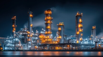 Fototapeta premium A sprawling industrial refinery complex shines brightly at night, with towering smokestacks and machinery illuminated by warm lights, while smoke billows into the sky against a dark backdrop.