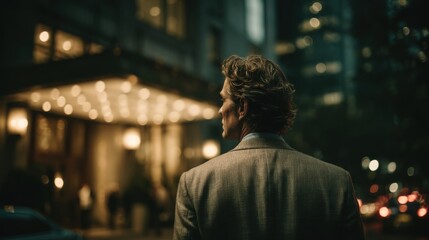 Fototapeta premium A well-dressed man stands in the foreground as he approaches a grand hotel entrance illuminated by warm lights. A busy city atmosphere surrounds him at dusk.