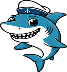 Fototapeta premium Cartoon illustration of a friendly smiling shark wearing a navy sailor hat with an anchor
