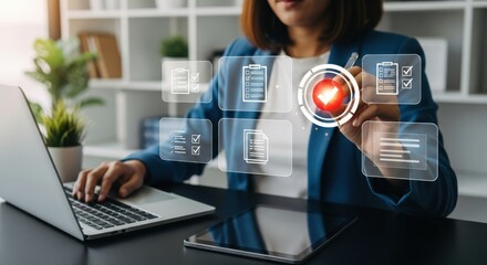 A businesswoman uses a laptop and tablet, interacting with a digital interface displaying business processes