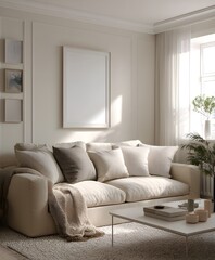 Fototapeta premium Minimalist Beige Living Room with Cozy Sofa and Natural Light