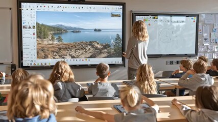 A teacher uses a digital board to engage students in a modern classroom setting. - Powered by Adobe