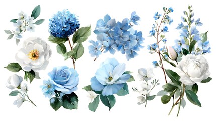 Blue and White Watercolor Floral Arrangements