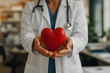 Doctor or Nurse Presenting a Bright Red Heart as a Symbol of Medical Help, Emotional Support, and Cardiac Health Awareness — Suitable for Health Insurance Ads, Hospital Websites, and Wellness Articles