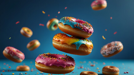 Flying Frosted Donuts with Colorful Sprinkles on Blue Background