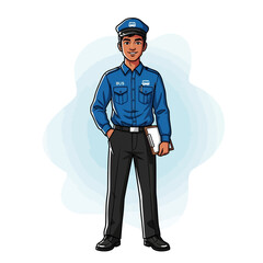 A smiling bus driver in uniform stands holding a clipboard, ready for duty.