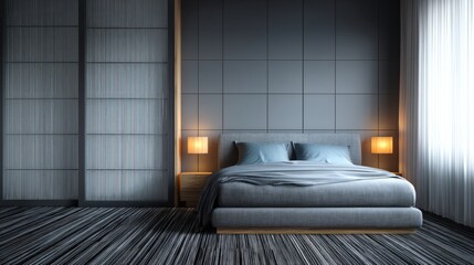 Obraz premium Modern bedroom interior design with gray walls and light wooden furniture.