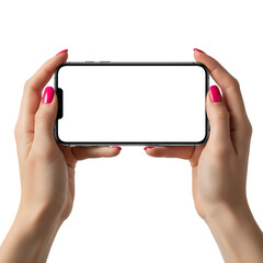 Fototapeta premium Female hands with pink nails holding a smartphone horizontally with blank screen. Isolated on transparent background, png
